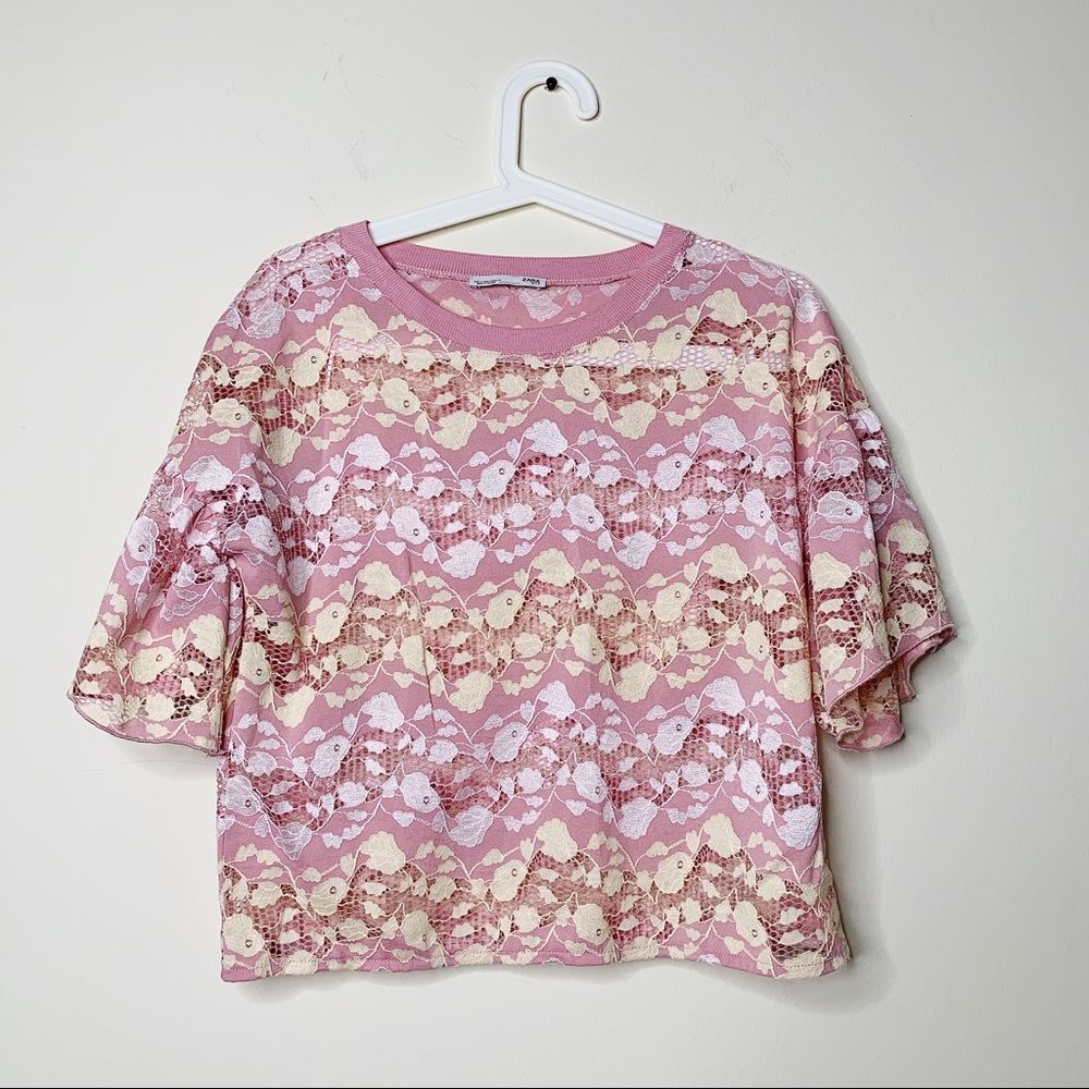 Zara pink and yellow lace blouse peplum top